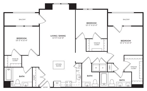 Floor plan for 3 beds, 2 baths, 1483 sqft